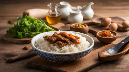 The close up of stewed pork over cooked rice in Taiwanの素材