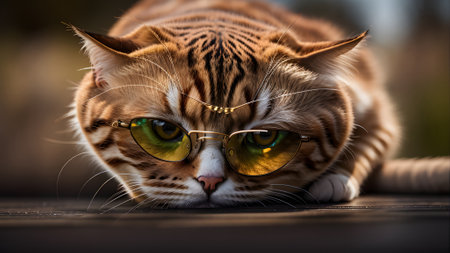 The cute cat wear glasses laying on the floorの素材