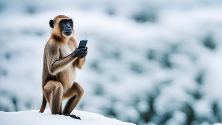 The animal holding cell phone and standing with nice viewの素材