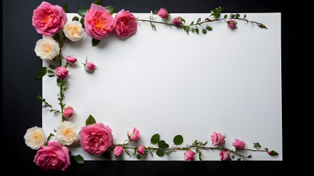 The flowers frame on blue background from above. Beautiful floral pattern. Flat lay style.の素材