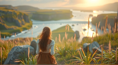 Standing in a lush green camping site, a girl admires cascading, AI generatedの素材