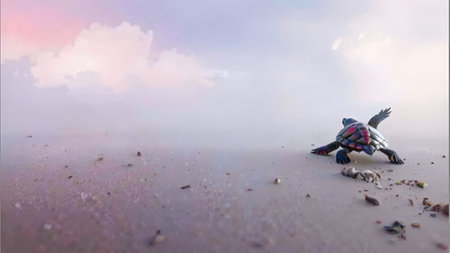 The Baby sea turtle crawling on the beach towards the ocean. Newborn sea turtle crawling on a sandy beach towards the ocean waves AI generatedの素材