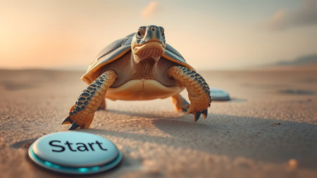 turtle crawls across the sandy beach try to touch START button - AI generatedの素材