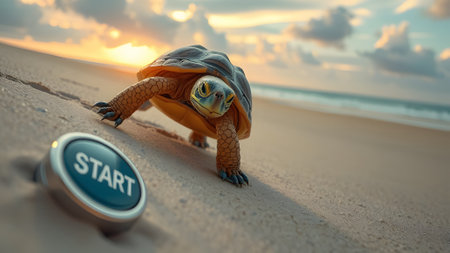 turtle crawls across the sandy beach try to touch START button - AI generatedの素材