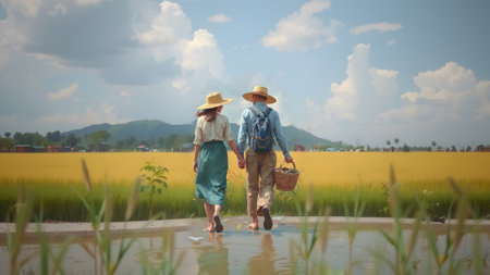 The couple famer with rice field. Famer walking on rice fieldの素材