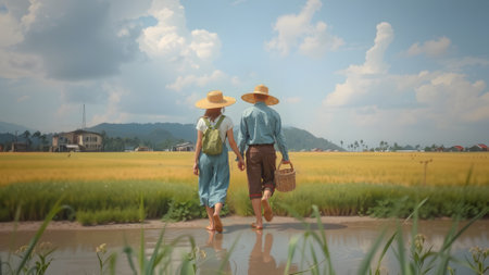 The couple famer with rice field. Famer walking on rice fieldの素材