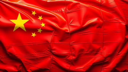 The Chinese Flag - China. Chinese Flag waving on satin texture - AI generatedの素材