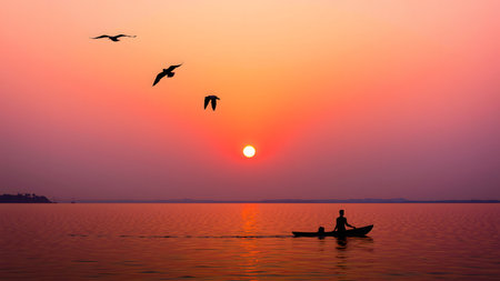 The person standing on Boat with orange color sunset timeの素材