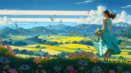 The person in nature white meadow flowers in the natureの素材