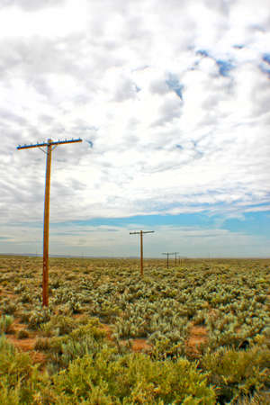 Depth shot of telephone poles and lines stretching into the distance along a landscape of green scrub brushの写真素材
