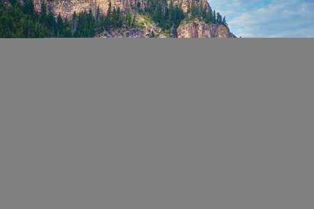 Train on tracks by river at bottom of large canyon with rock cliffs and pine trees