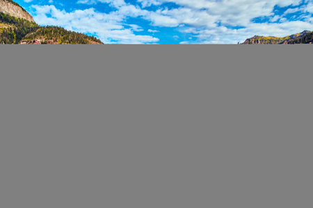 Quaint town of Ouray in Colorado tucked into the mountainsの写真素材