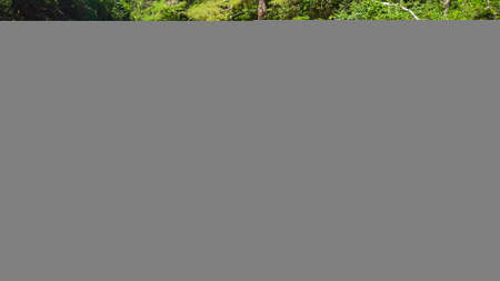 Close view of waterfall over large boulder with brown waterの写真素材