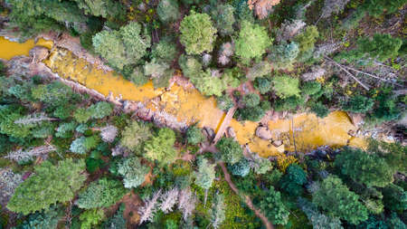 Aerial looking down at river with mineral water with hiking trail and bridge in lush green forestの写真素材