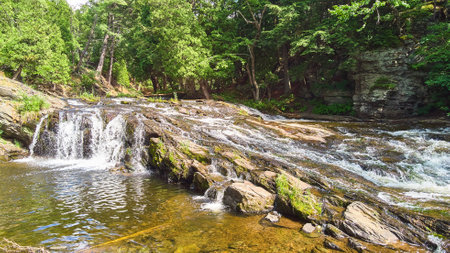 Cascading waterfalls in forest with cliff wall in backgroundの写真素材
