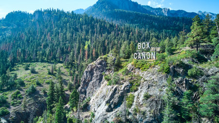 Box Canon sign on cliffs in the mountainsの写真素材