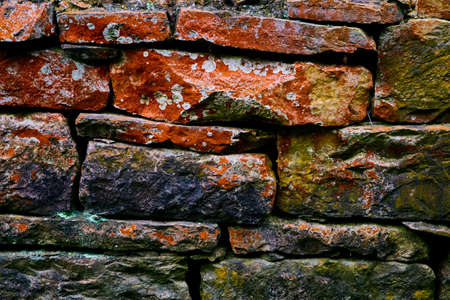 Detail texture of colorful stone wall with red and lichenの写真素材