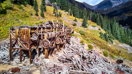 Detail of old beautiful mining mill equipment abandoned and falling apart in the mountainsの写真素材