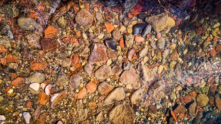 Looking down at shallow riverbed with round colorful rocks