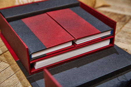 Compartments of red and black box reveal differently sized journalsの写真素材
