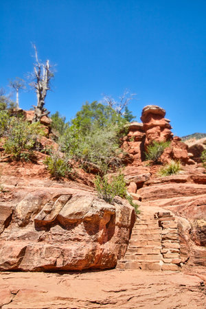 Detail steps in red rock desert hikingの写真素材