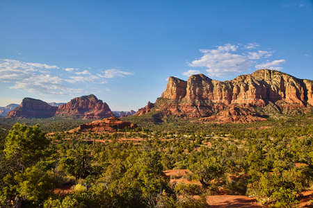 Landscape with trees in the foreground and Bell Rock in the background against a blue skyの写真素材