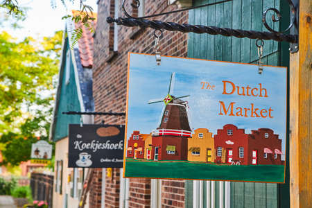 The Dutch Market rustic sign in charming shopping districtの写真素材