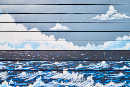 Vinyl mural of lake waves and cloudsの写真素材