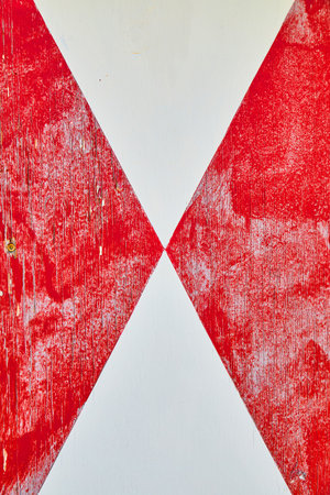 Wood plank painted dutch diagonal pattern of red and whiteの写真素材