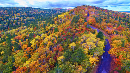 Fall leaves and trees with a black asphalt road in a mountain with a lake in the far right distance