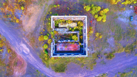 Aerial downward shot of old decayed building or structureの写真素材