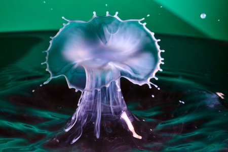 White and purple mushroom water drop on green water background