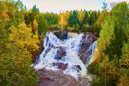 Tree rests in middle of a waterfall broken up by a protruding rock with a fall-colored forest and its basin of stoneの写真素材