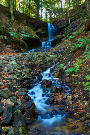 Horseshoe Falls waterfall with small creek of visible large rocks leading up to a cliff with tree...