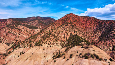 Detail of red and tan mountains covered in green shrubsの写真素材