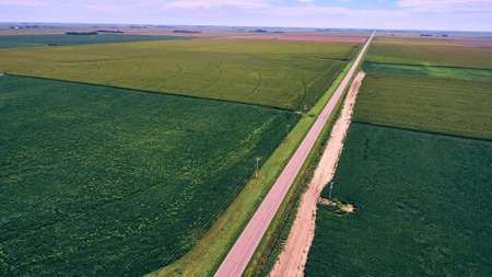 Farmland with road going endlessly into horizonの写真素材