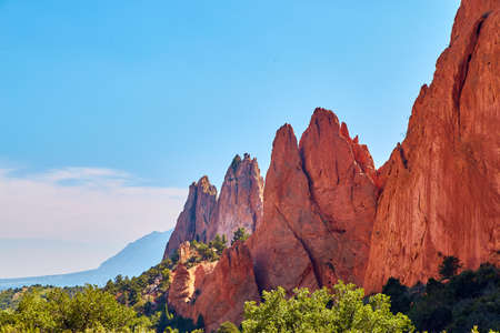 Red rock peaks in fieldの写真素材