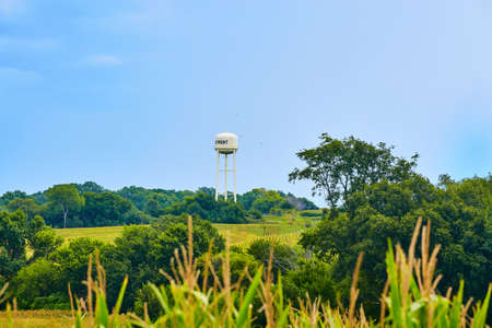 Water tower with corn fields and forestの写真素材