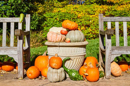 Planter filled with pumpkins and gourds for fall between two benchesの写真素材