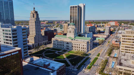 Aerial of downtown Fort Wayne, Indiana courthouse in spring