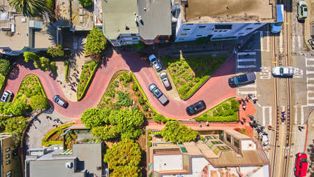 Above view of winding brick road at Lombard Street in San Francisco