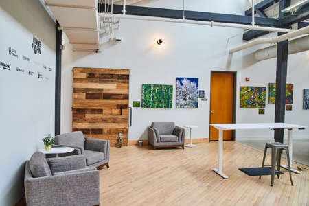 Coworking office space with seating and table