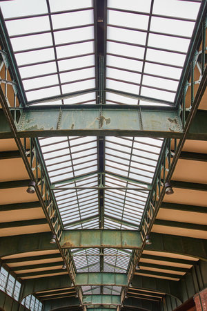 Detail of interior steel ceiling inside American abandoned train stationの写真素材