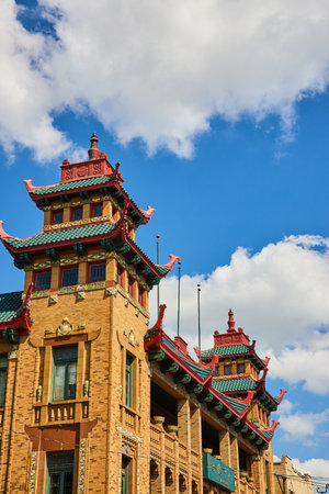 Chinatown tops of Asian style architecture exterior buildings in Chicagoの写真素材