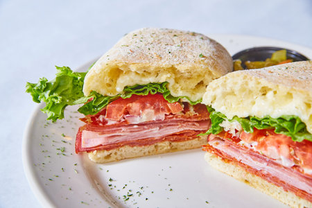 Italian sandwich classic cut in half parsley coated white plate plain background food dish mealの写真素材
