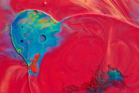 Red swarm abstract background asset art with oil on milk bubbles indented person silhouette fantasyの写真素材