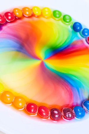 Skittles candy on white background with tie die water color effectの写真素材