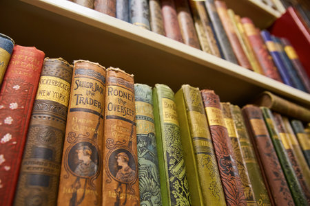Rows of old books on shelves in bookstore or library background assetの写真素材