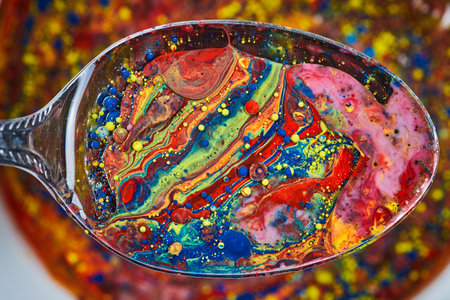 Oil spill of blue yellow red green and pink acrylic paint with spherical bubbles in galactic background assetの写真素材