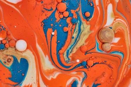 Curving lines of orange blue gold and white in a sea of abstract colors in horizontal background...